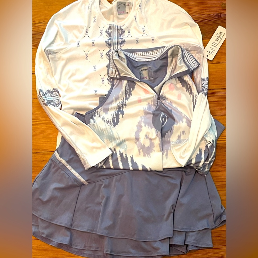 NEW Set lucky in love tennis skirt, tank, and long-sleeved shirt